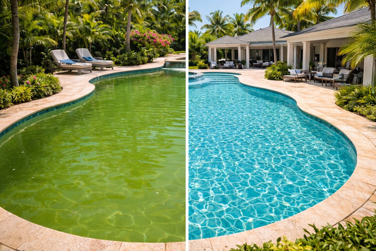 Green pool recovery before and after in Plantation