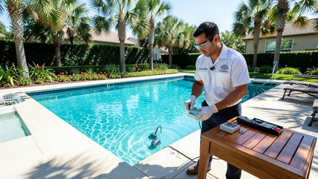 Pool service technician performing maintenance on a residential pool in Boca Raton, FL