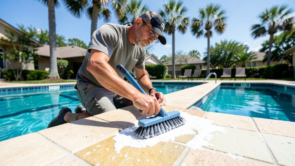 Pool service technician performing maintenance on a residential pool in Coconut Creek, FL