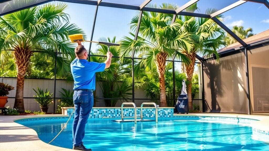 Pool service technician performing maintenance on a residential pool in Cooper City, FL