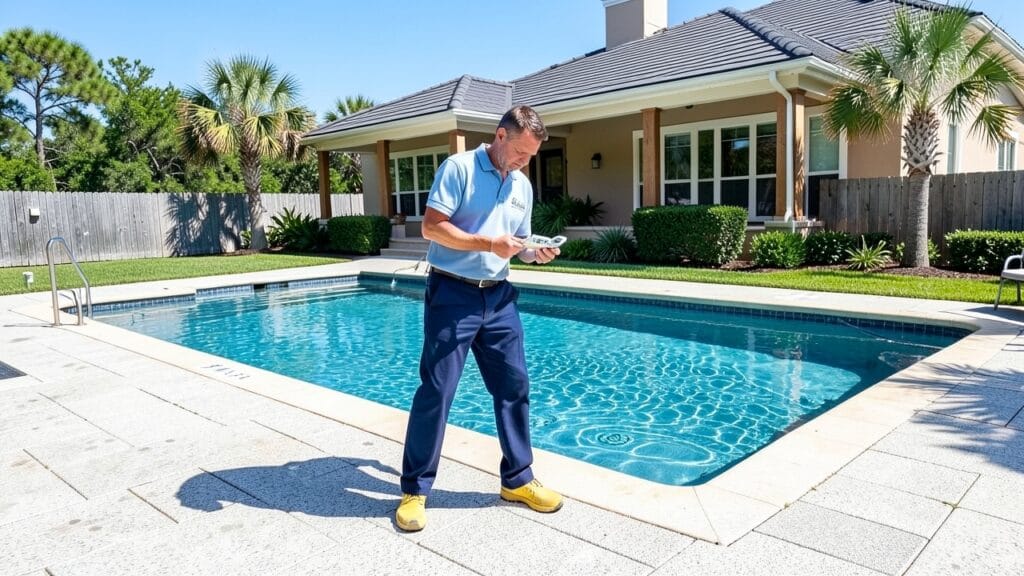 Pool service technician performing maintenance on a residential pool in Davie, FL