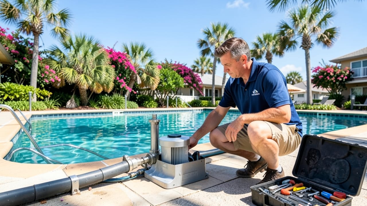 Pool service technician performing maintenance on a residential pool in Deerfield Beach, FL