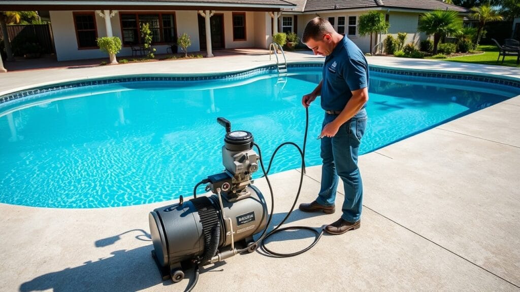 Pool service technician performing maintenance on a residential pool in Lauderdale Lakes, FL