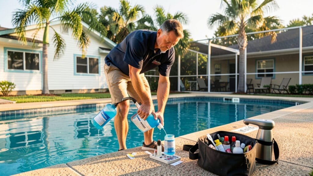Pool service technician performing maintenance on a residential pool in Lauderhill, FL