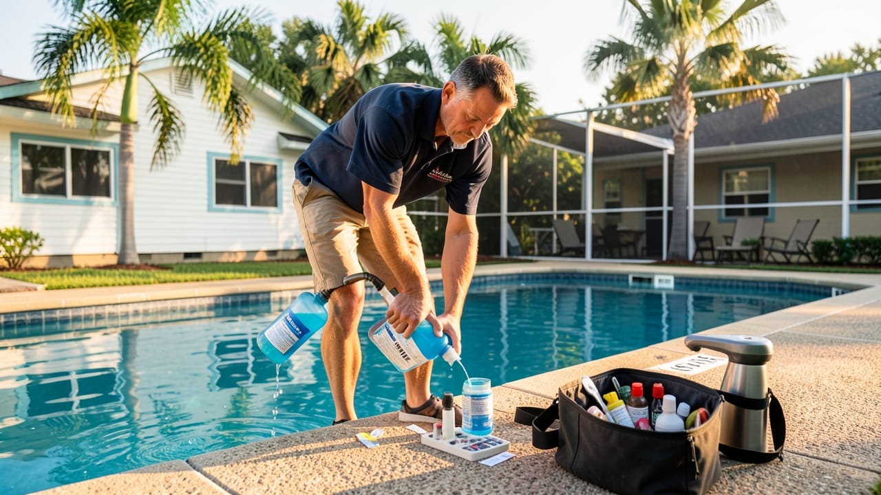 Pool service technician performing maintenance on a residential pool in Lauderhill, FL