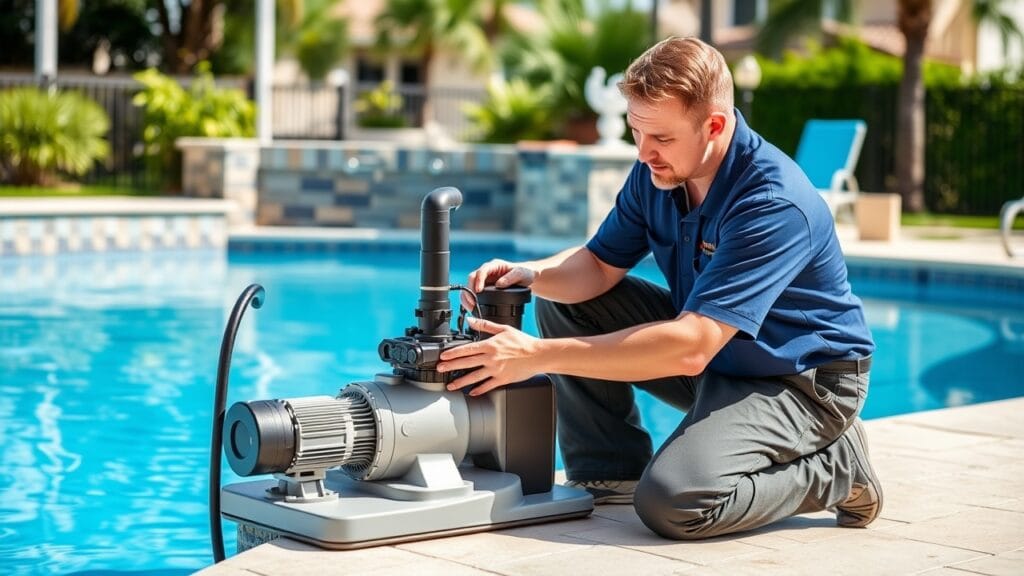 Pool service technician performing maintenance on a residential pool in Margate, FL