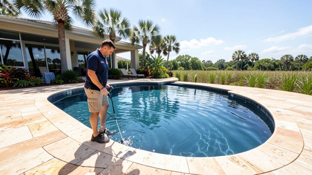 Pool service technician performing maintenance on a residential pool in Miramar, FL