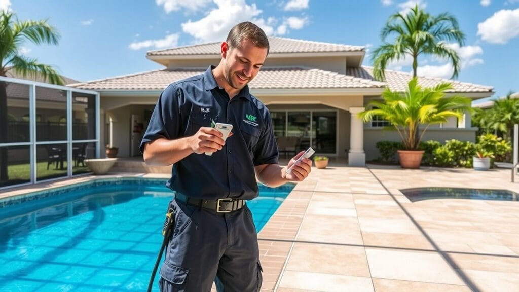 Pool service technician performing maintenance on a residential pool in Pembroke Pines, FL