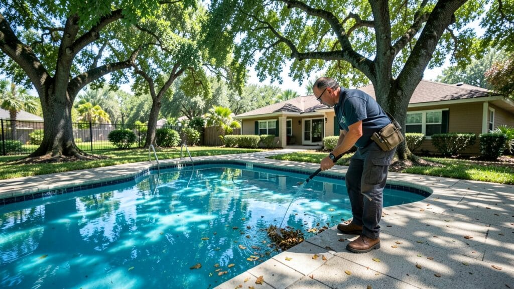Pool service technician performing maintenance on a residential pool in Plantation, FL