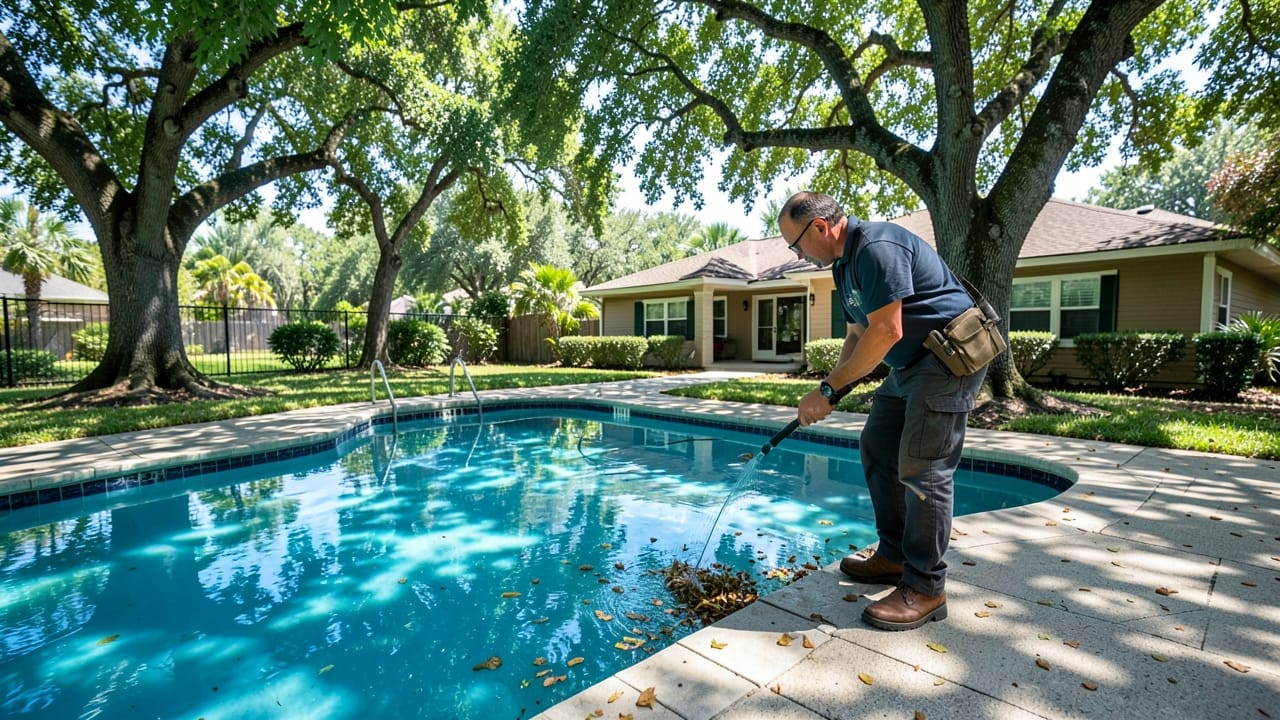 Pool service technician performing maintenance on a residential pool in Plantation, FL