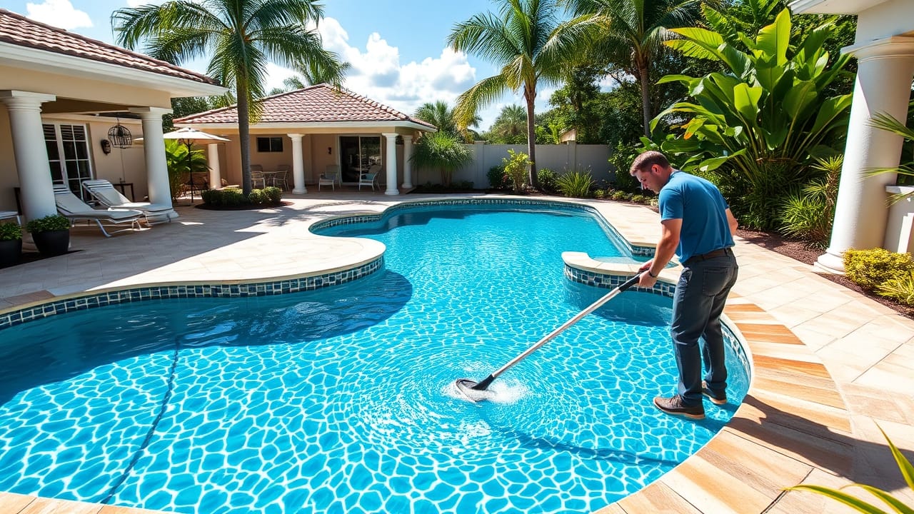 Pool service technician performing maintenance on a residential pool in Pompano Beach, FL