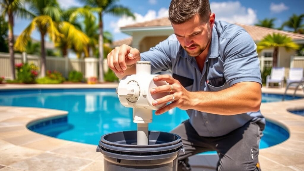 Pool service technician performing maintenance on a residential pool in Sunrise, FL