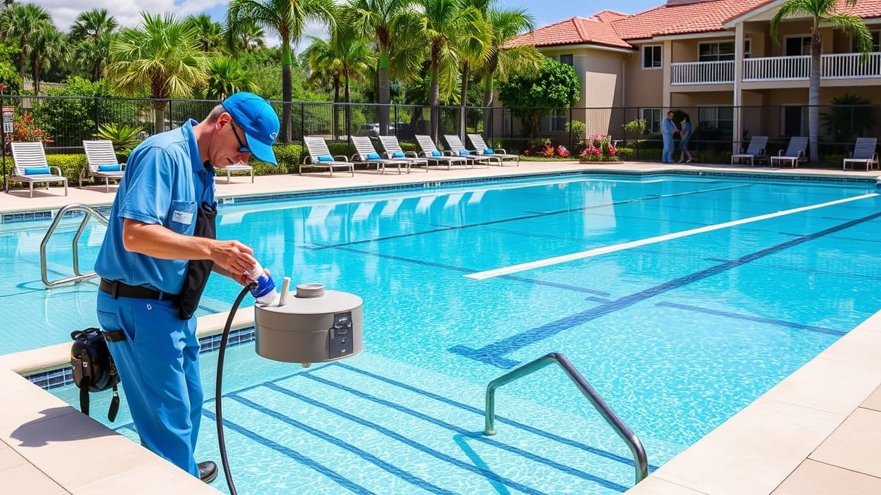 Pool service technician performing maintenance on a residential pool in Tamarac, FL