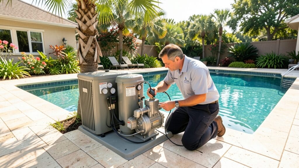 Pool service technician performing maintenance on a residential pool in Weston, FL